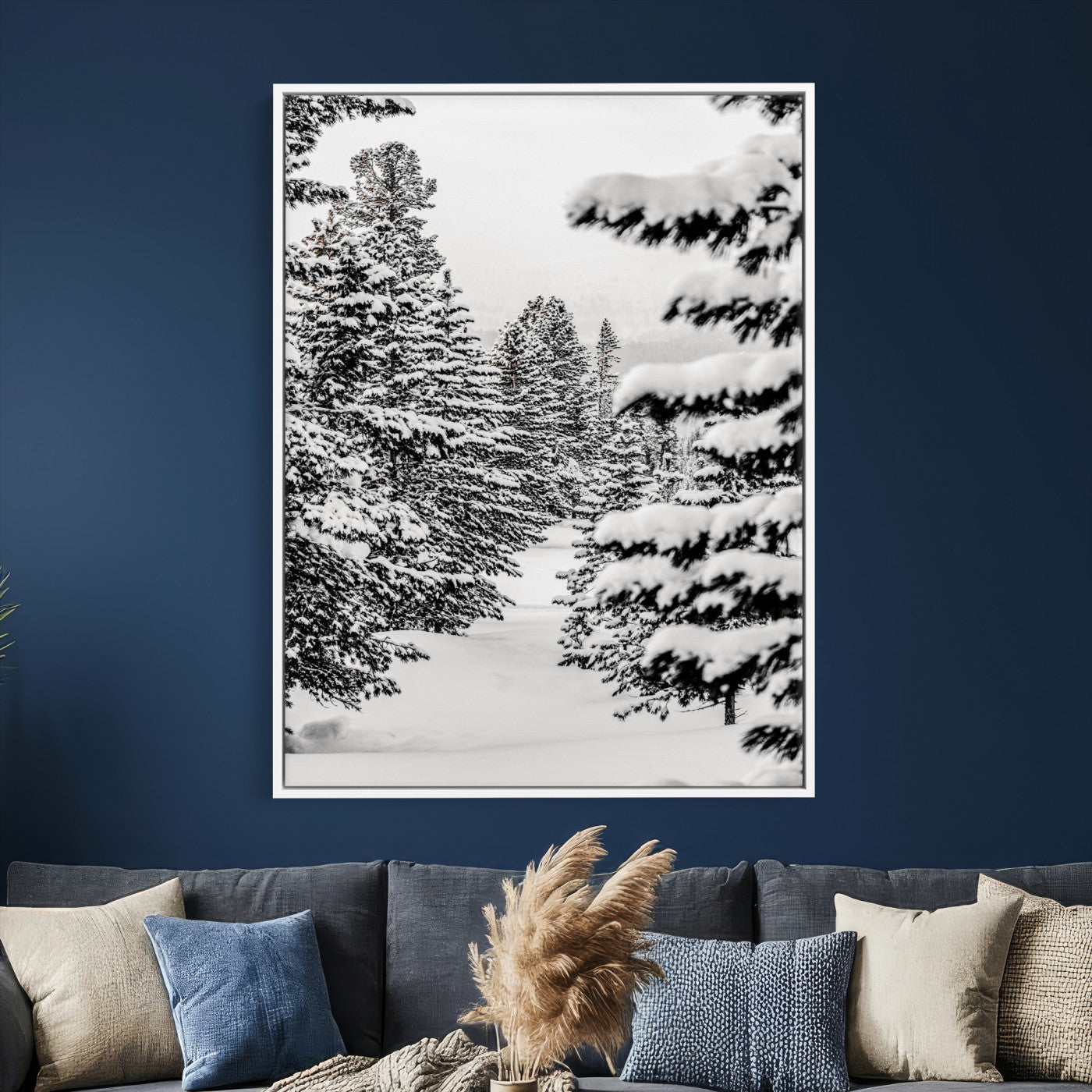 42534505-MGV-CV-24X36 - Snowy Pine Forest Wall Art Canvas Print, Minimal Winter Woodland Landscape, Black and White Nature Artwork