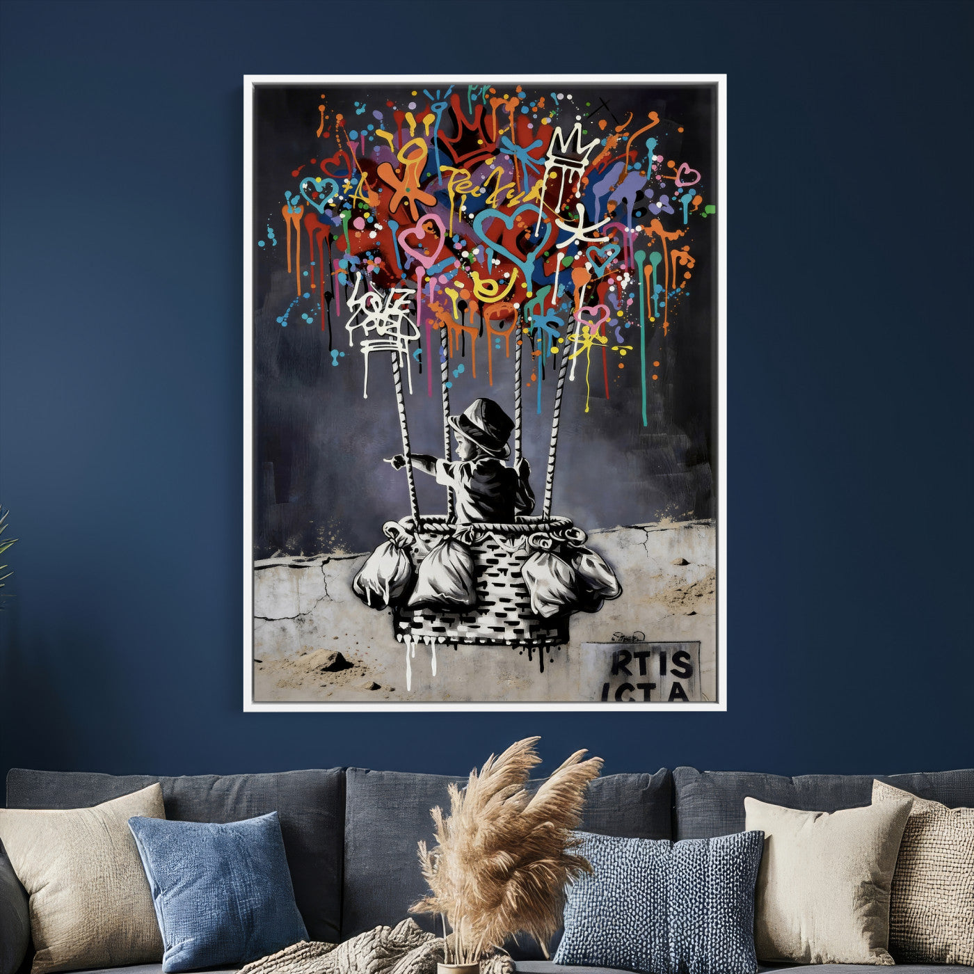 56325542-MGV-CV-24X36 - Banksy Inspired Boy Swing Wall Art Canvas Print, Graffiti Balloon Hearts Street Art, Colorful Urban Mural Artwork for Modern Living Room Decor