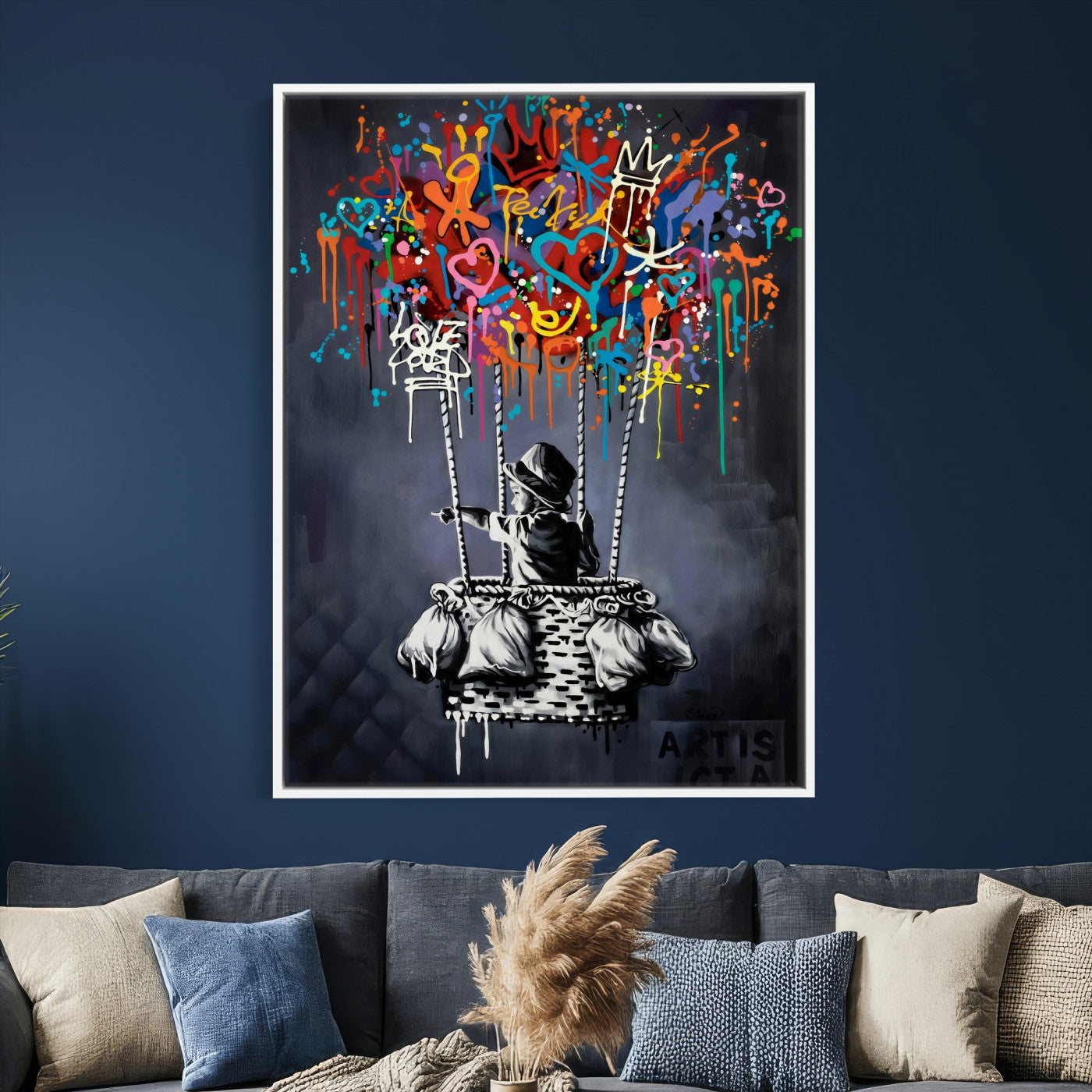 87352999-MGV-CV-24X36 - Banksy Inspired Boy Swing Wall Art Canvas Print, Graffiti Balloon Hearts Street Art, Colorful Urban Mural Artwork for Modern Living Room Decor