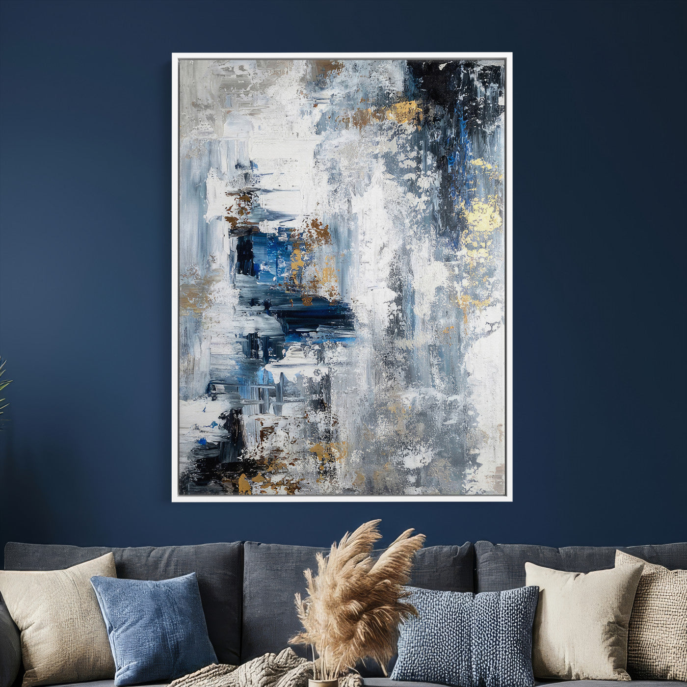 3962948988-MGV-CV-24X36 - Blue Abstract Wall Art Canvas Print, Gold Black Modern Architecture Canvas Print, Contemporary Moody City Artwork for Living Room Decor