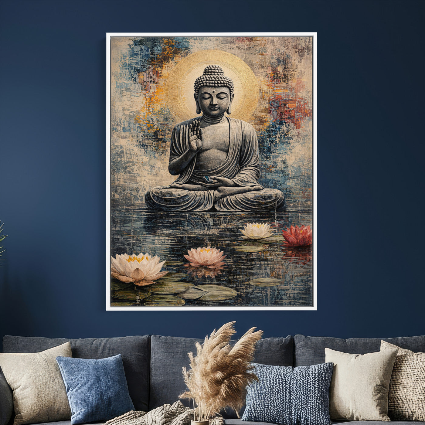3812625445543-MGV-CV-24X36 - Serene Buddha with Lotus Flowers | Tranquil Meditation Art | Zen Wall Decor for Mindful Living Spaces | Spiritual Canvas Print