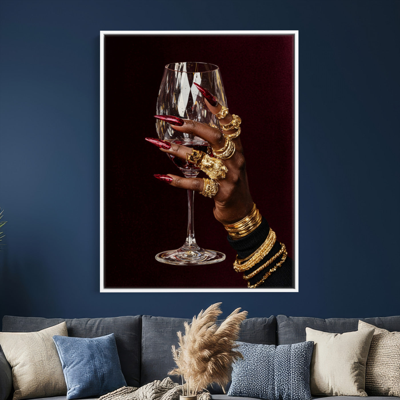8151788Y6-MGV-CV-24X36 - Black Woman Holding Elegant Wine Glass Art, Black Girl Art, Black Woman Art, Trendy Black Girl Wall Art
