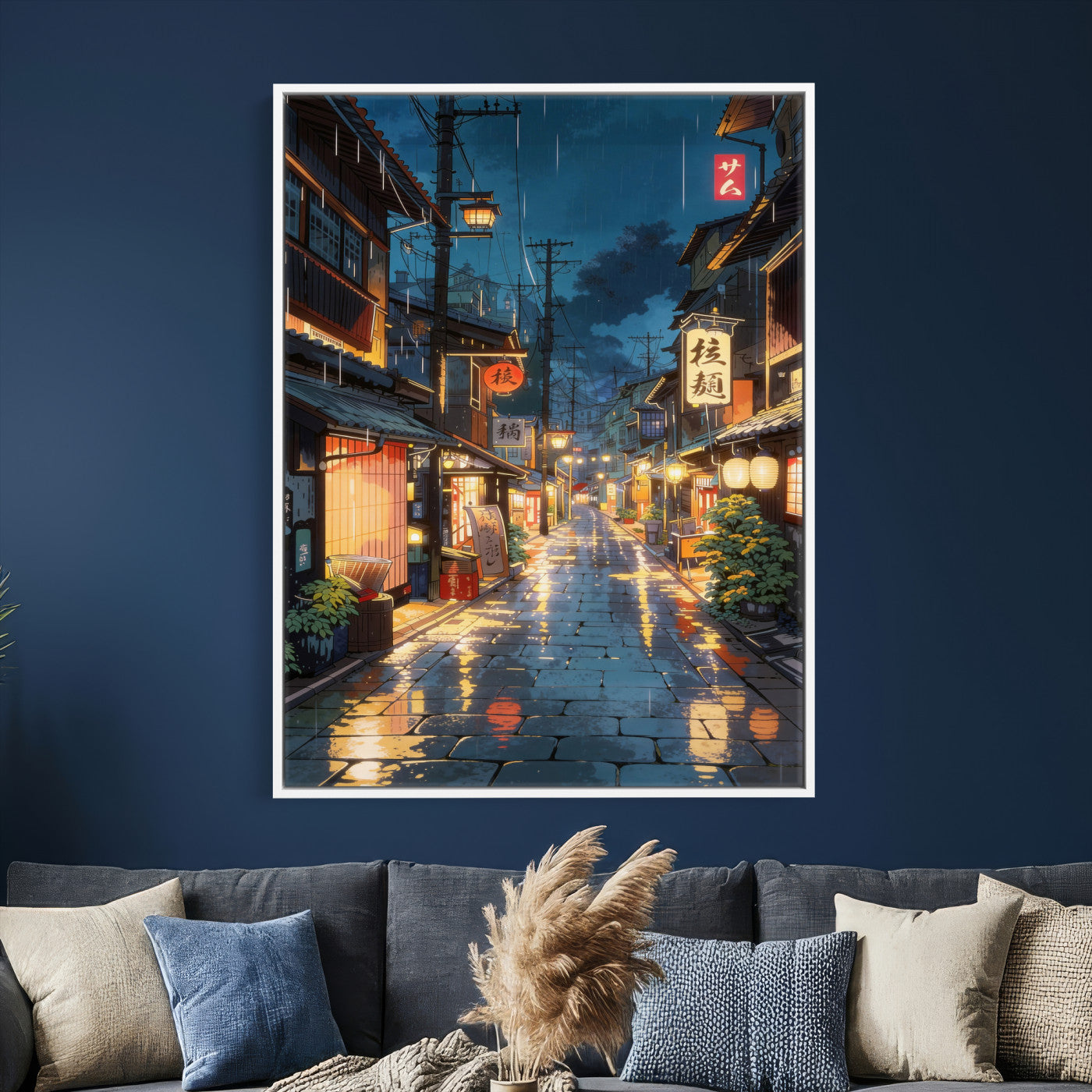 4712069J1-MGV-CV-24X36 - Tokyo Tea House Canvas Wall Art — Japan Rainy Night Street Print | Anime Style Decor | Japanese Tea House Art | Tokyo City Gift