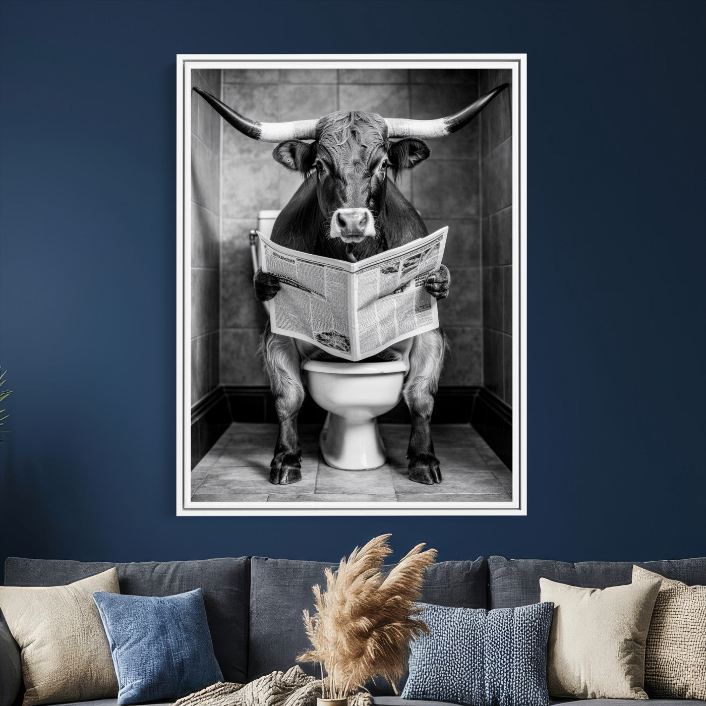 77994492-MGV-CV-24X36 - Texas Longhorn Cow Toilet Paper Canvas Wall Art, Funny Bathroom Black White Print, Cute Animal Humor Decor, Quirky Farmhouse Bathroom Art, Cow Lover Gift