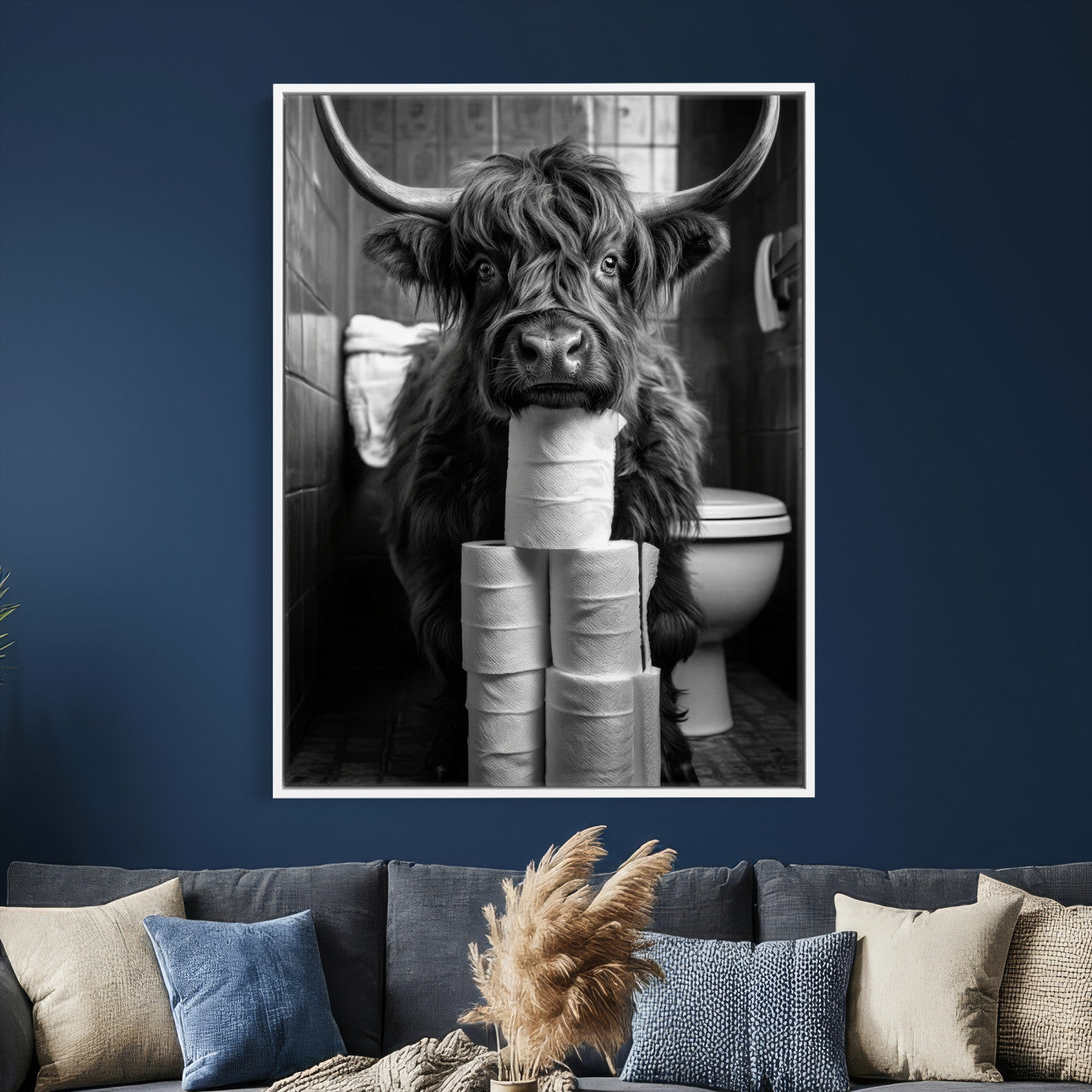 95909209-MGV-CV-24X36 - Highland Cow Toilet Paper Canvas Wall Art, Funny Bathroom Black White Print, Cute Animal Humor Decor, Quirky Farmhouse Bathroom Art, Cow Lover Gift