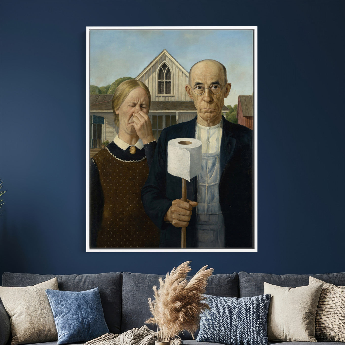 46805085-MGV-CV-24X36 - Funny Bathroom Canvas Wall Art, Grant Wood American Gothic Toilet Paper Parody Print, Humor Bathroom Decor, Classic Art Spoof, Quirky Housewarming Gift