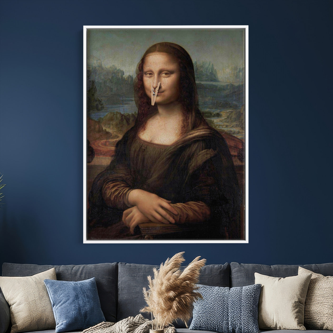 59125950-MGV-CV-24X36 - Funny Bathroom Canvas Wall Art Print, Mona Lisa Clothespin Nose Humor Decor, Classic Art Parody, Toilet Room Wall Art, Quirky Housewarming Gift, Eclectic Home Decor