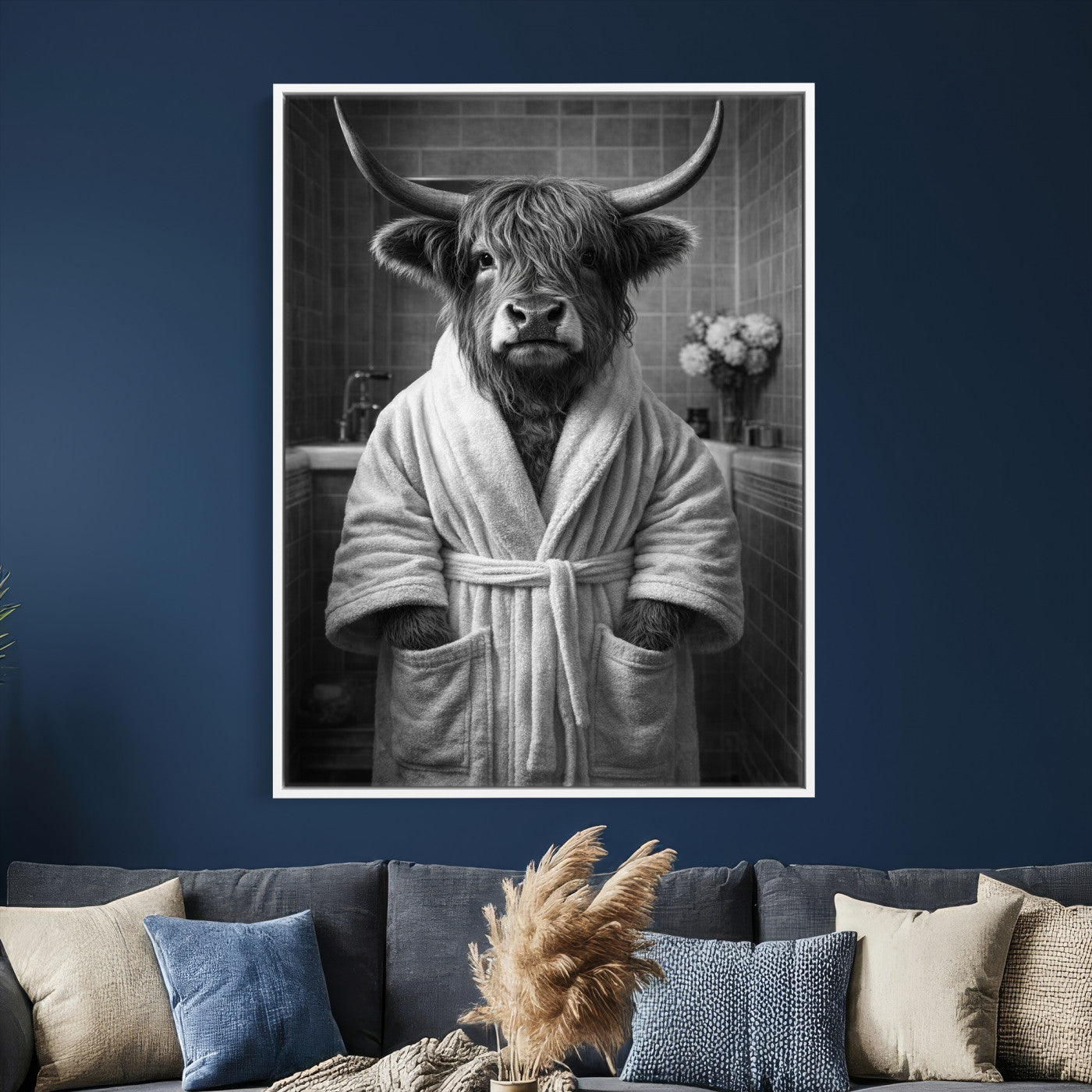 98453723-MGV-CV-24X36 - Funny Bathroom Wall Art Canvas Print, Highland Cow in Bathrobe, Black and White Humor Decor, Animal Bathroom Print, Farmhouse Bathroom Art