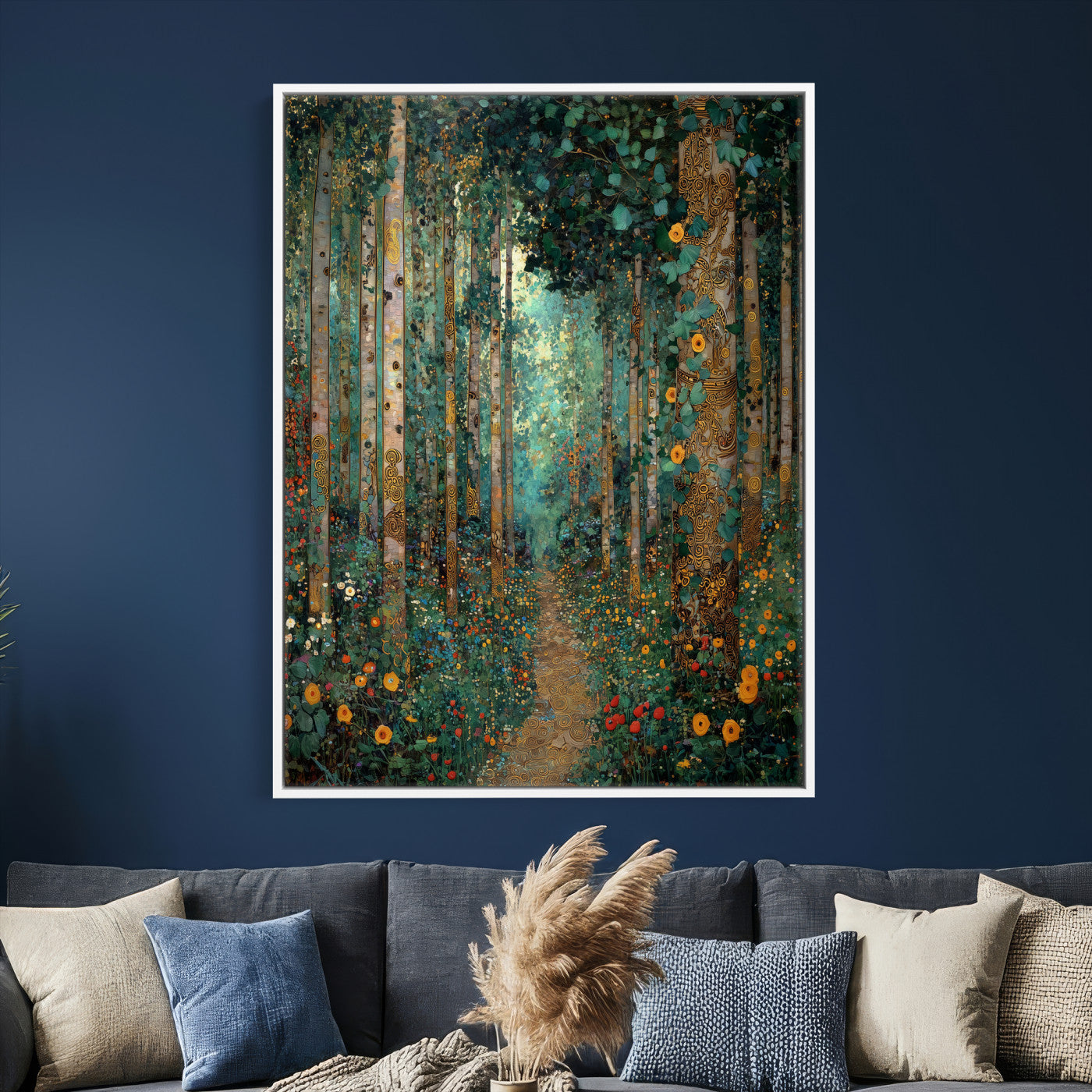 76587981-MGV-CV-24X36 - Gustav Klimt Style Forest Canvas Wall Art, Golden Forest Path Floral Art Nouveau Print, Enchanted Woodland Decor, Maximalist Colorful Nature Art