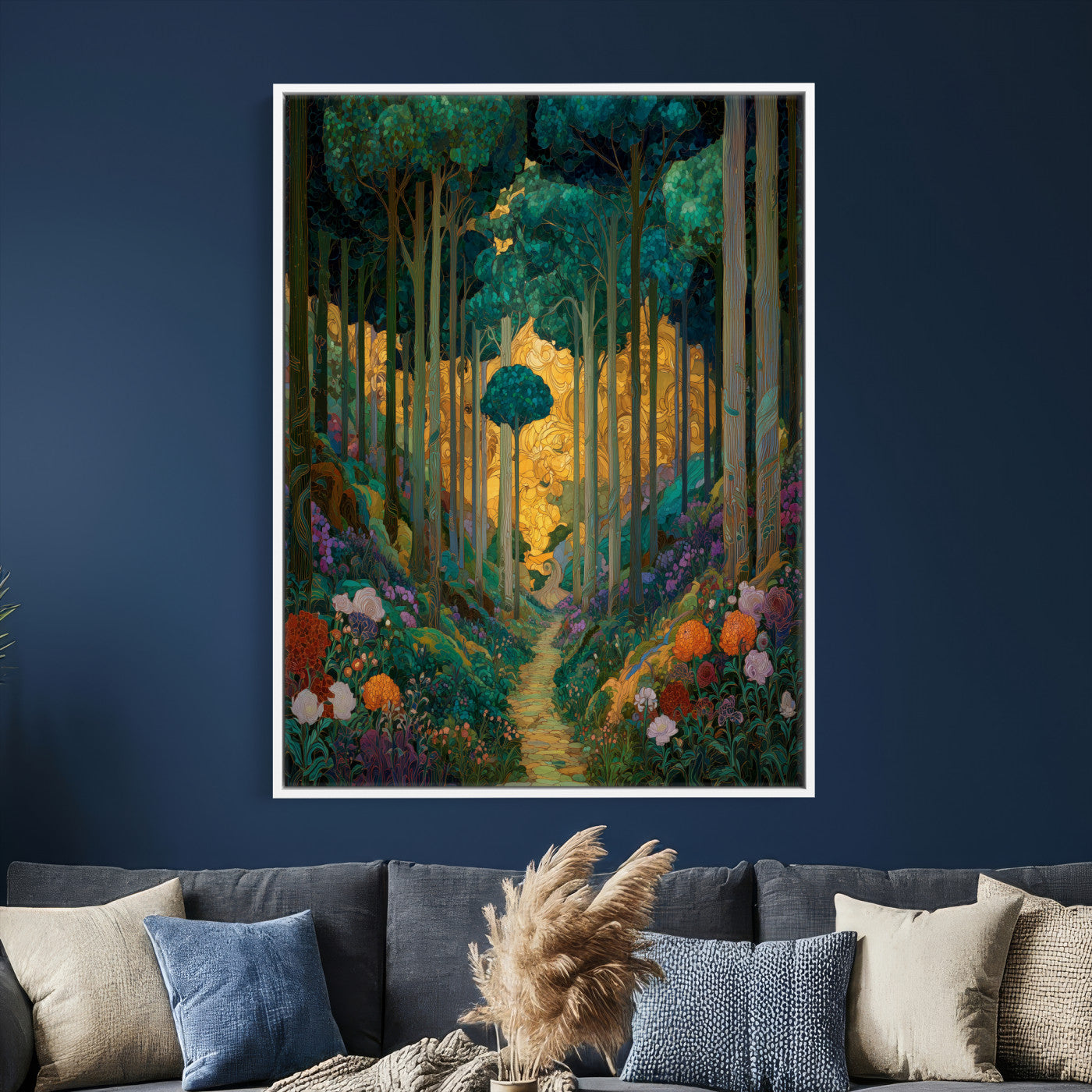 70159913-MGV-CV-24X36 - Gustav Klimt Style Forest Canvas Wall Art, Golden Forest Path Floral Art Nouveau Print, Enchanted Woodland Decor, Maximalist Colorful Nature Art