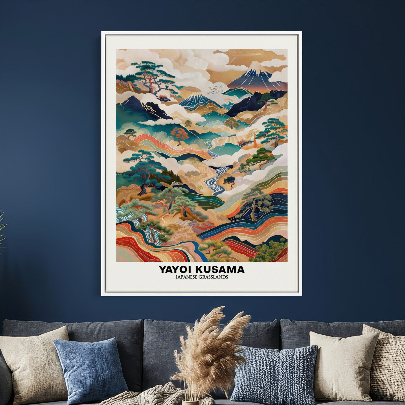 71553303-MGV-CV-24X36 - Yayoi Kusama Japanese Landscape Wall Art Canvas Print, Colorful Mountain and River Framed Artwork, Nature Inspired Asian Scenic Decor for Living Room Bedroom Office