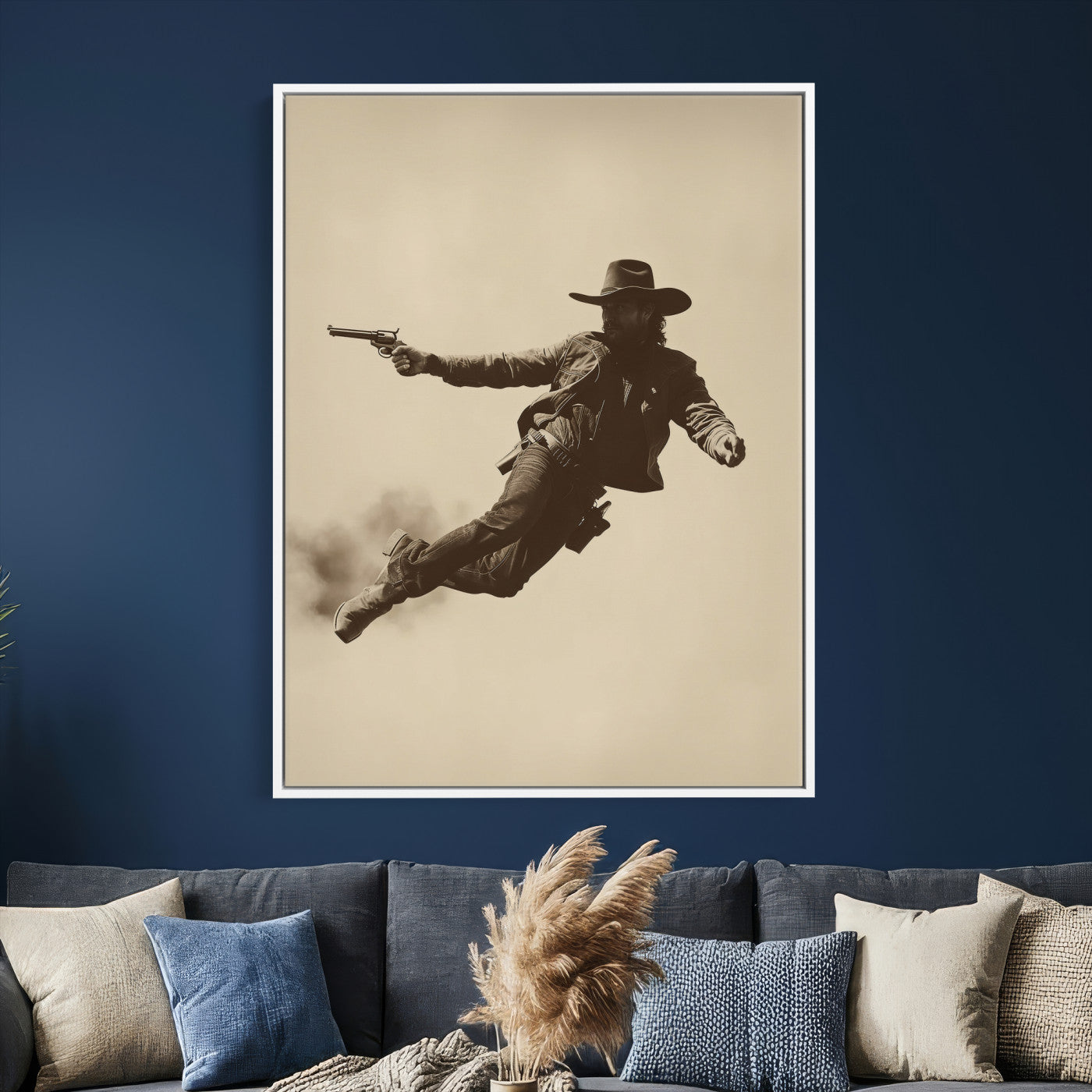 11948430CW-MGV-CV-24X36 - Cowboy Canvas Wall Art, Western Gunslinger Sepia Photo Print, Vintage Rustic Man Cave Decor, Wild West Cinematic Art, Living Room Wall Art