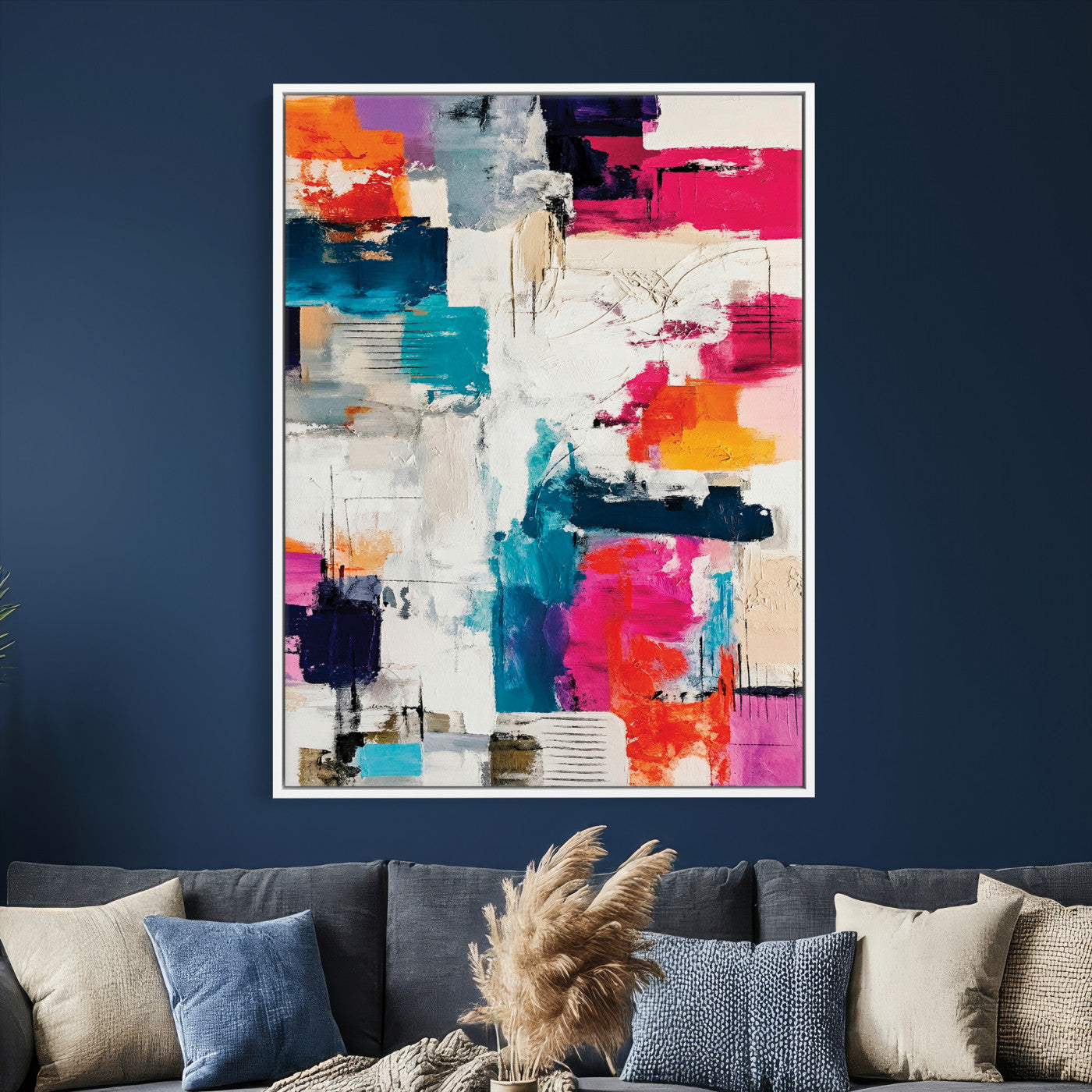 83175929-MGV-CV-24X36 - Blue Teal Abstract Canvas Wall Art Print - Modern Textured Painting Print, Navy Orange White Contemporary Art, Neutral Living Room Decor, Office Art