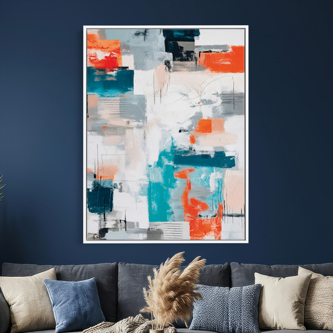 39825760-MGV-CV-24X36 - Blue Teal Abstract Canvas Wall Art - Modern Textured Painting Print, Navy Orange White Contemporary Art, Neutral Living Room Decor, Office Art