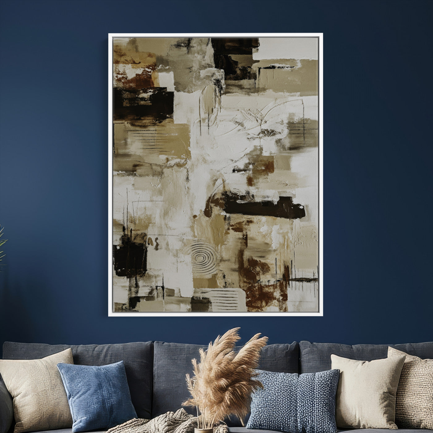 90644187-MGV-CV-24X36 - Blue Teal Abstract Canvas Wall Art, Modern Textured Painting Print, Navy Orange White Contemporary Art, Neutral Living Room Decor, Office Art