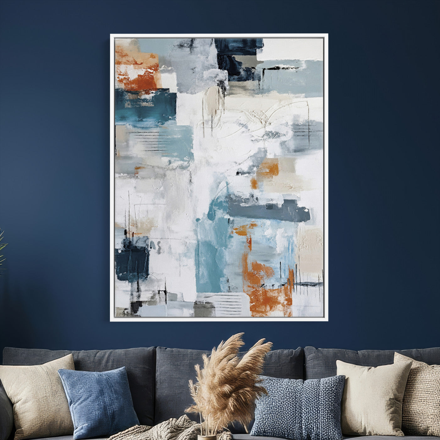 47011485-MGV-CV-24X36 - Blue Teal Abstract Canvas Wall Art, Modern Textured Painting Print, Navy Orange White Contemporary Art, Neutral Living Room Decor, Office Art