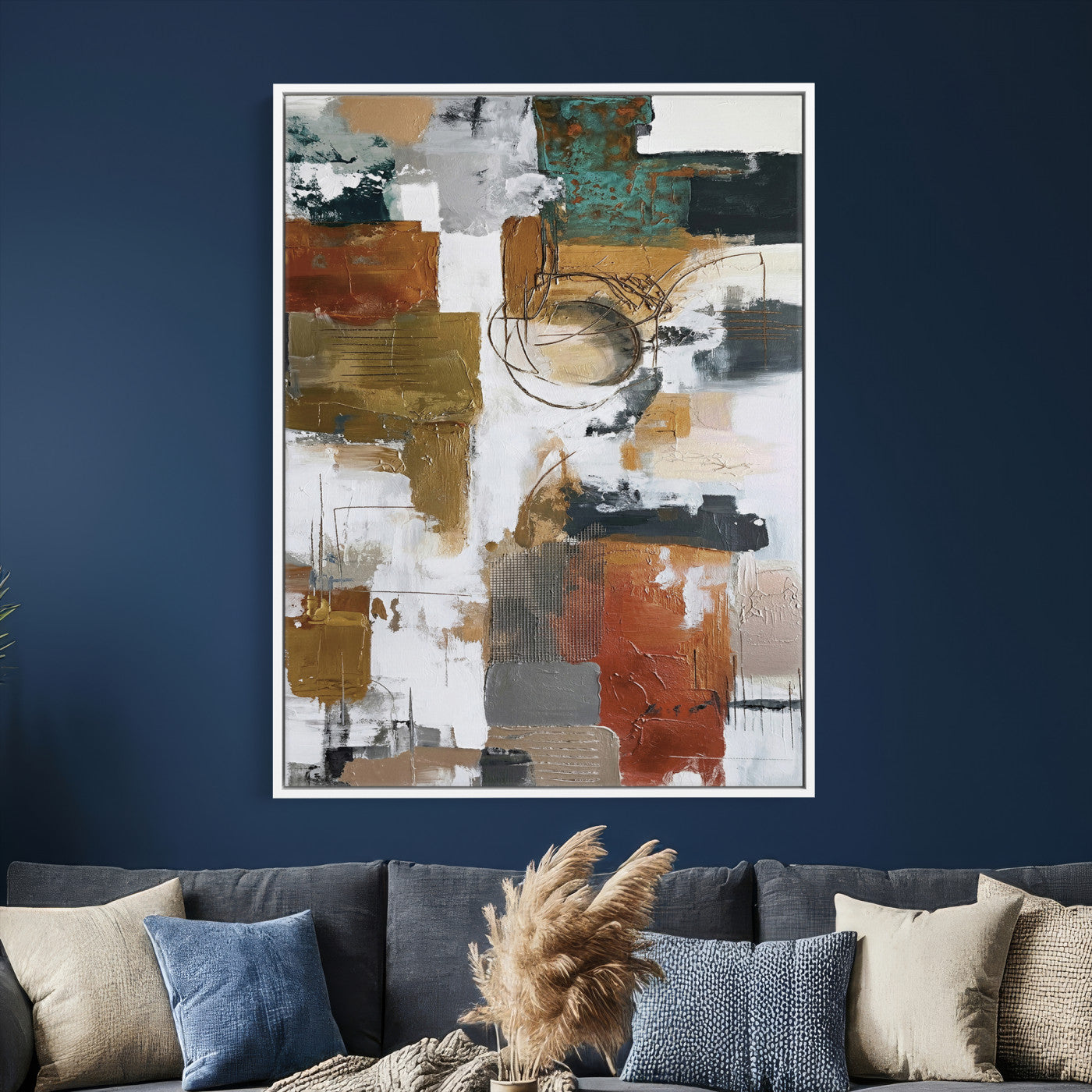 71530836-MGV-CV-24X36 - Blue Teal Abstract Canvas Wall Art, Modern Textured Painting Print, Navy Orange White Contemporary Art, Neutral Living Room Decor, Office Art
