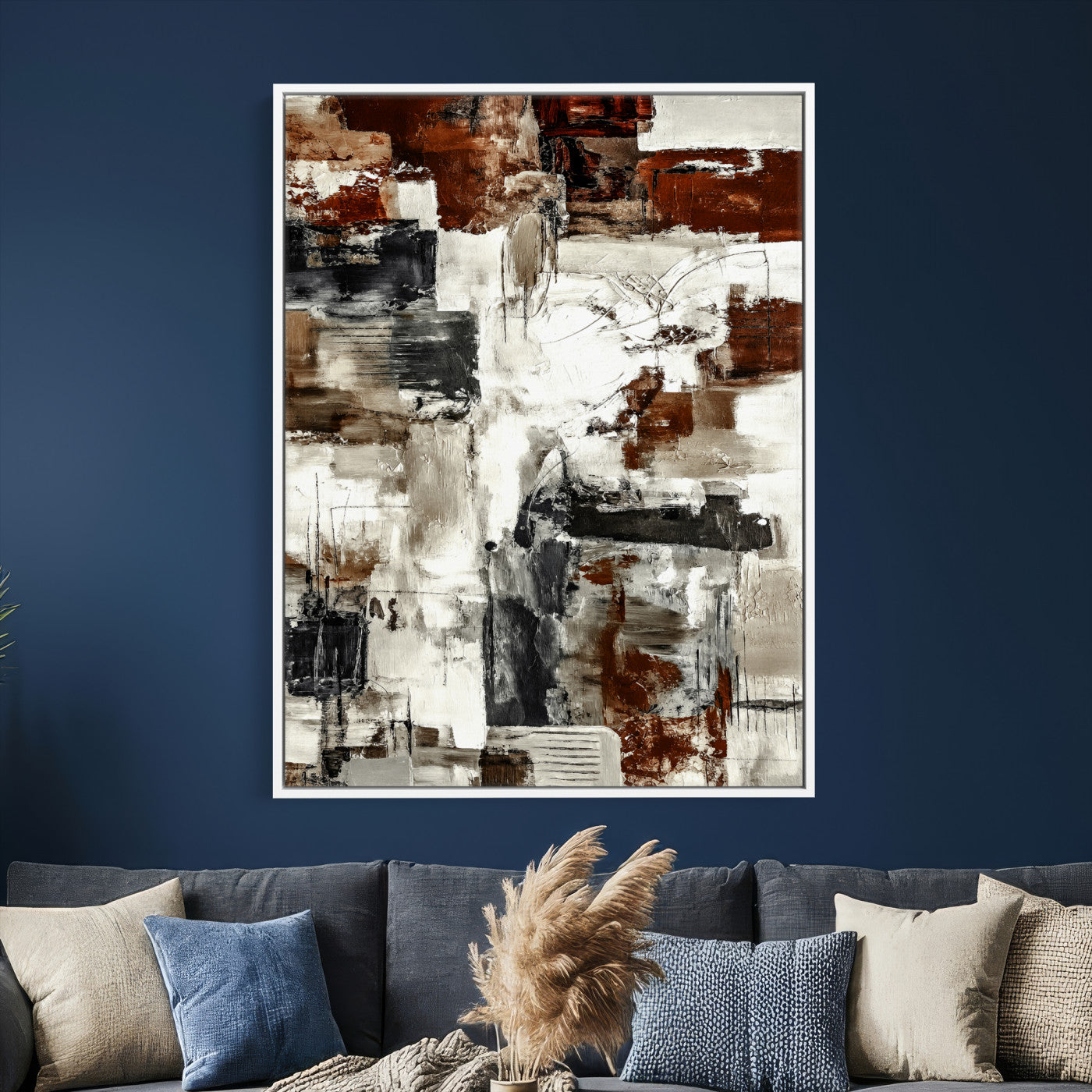 23953633-MGV-CV-24X36 - Blue Teal Abstract Canvas Wall Art, Modern Textured Painting Print, Navy Orange White Contemporary Art, Neutral Living Room Decor, Office Art