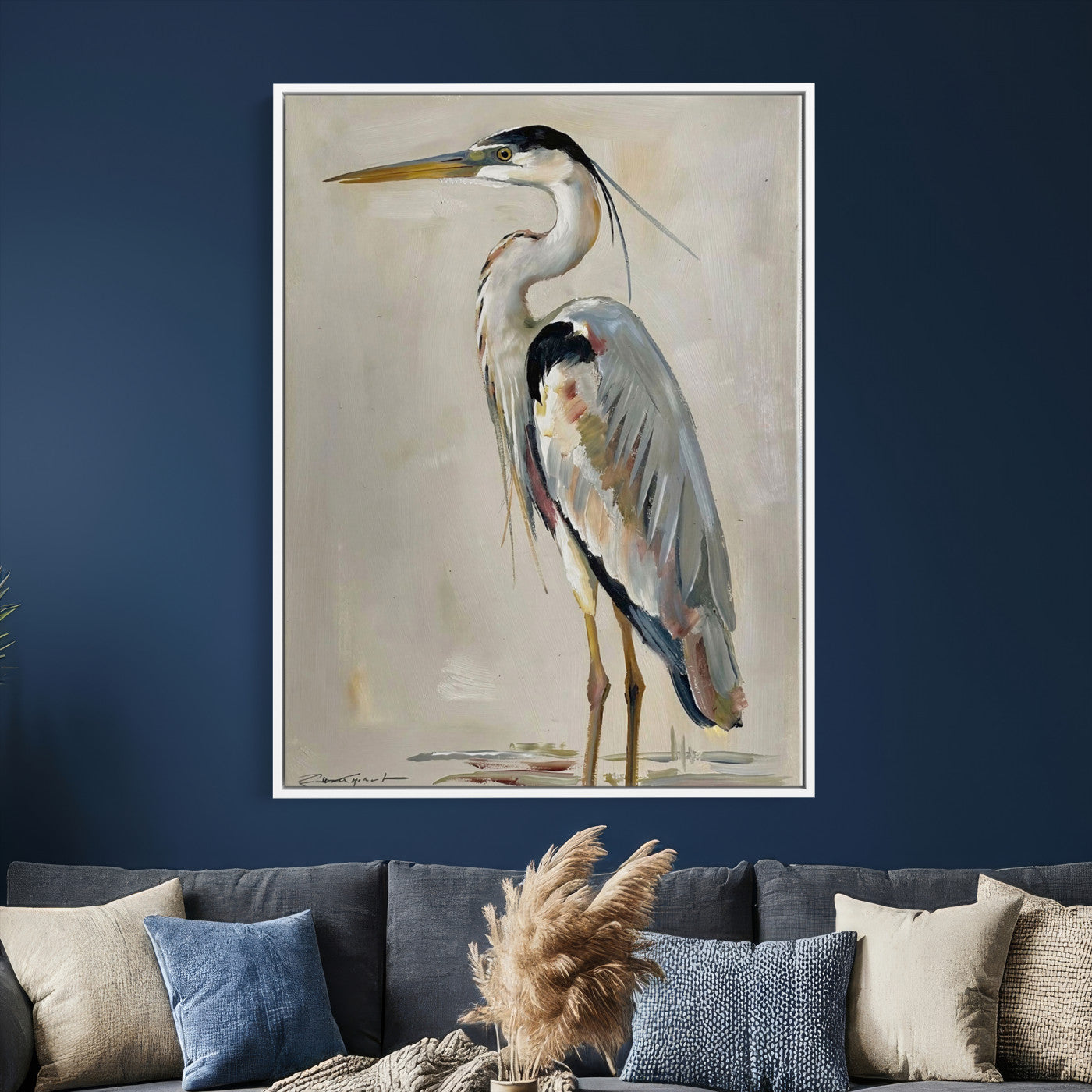 66936694-MGV-CV-24X36 - Great Blue Heron Canvas Wall Art Coastal Bird Oil Painting Print