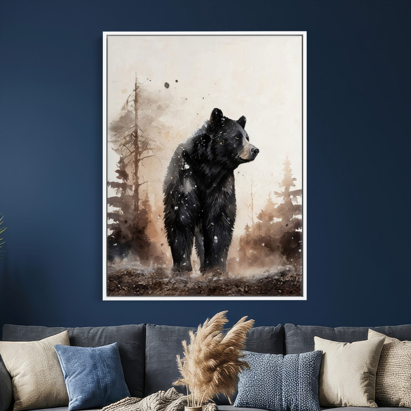 17399305-MGV-CV-24X36 - Black Bear Canvas Wall Art Winter Forest Watercolor Painting Print
