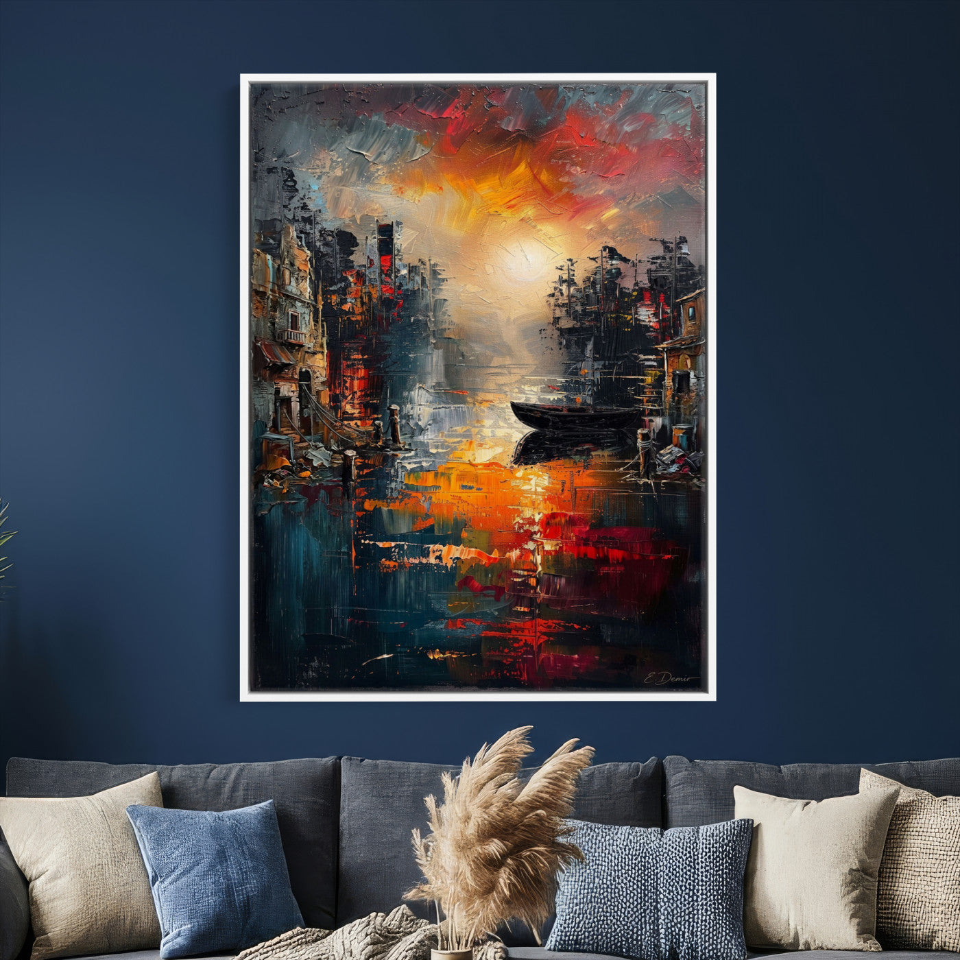 16611381-MGV-CV-24X36 - Vibrant Sunset Harbor Canvas Wall Art Abstract Cityscape Oil Painting Print