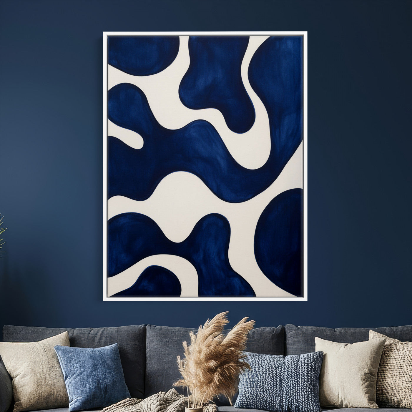 37225955-MGV-CV-24X36 - Minimalist Navy Blue Abstract Canvas Wall Art Organic Shapes Painting Print