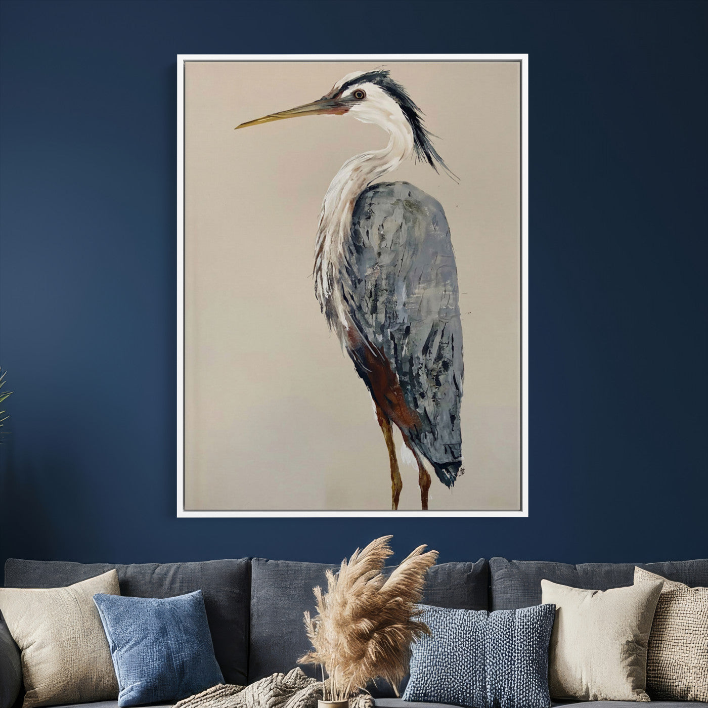 80349996-MGV-TP-24X36 - Great Blue Heron Canvas Wall Art - Coastal Bird Oil Painting Print for Home Wall Decor