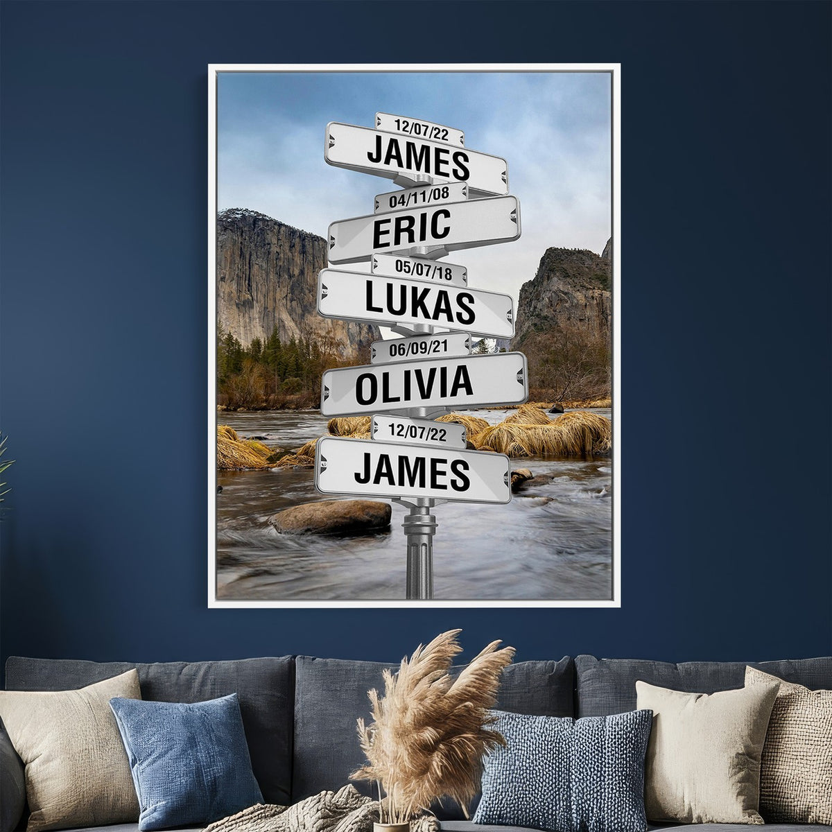 Personalized Family Name Street Sign Canvas Print with Mountain River View