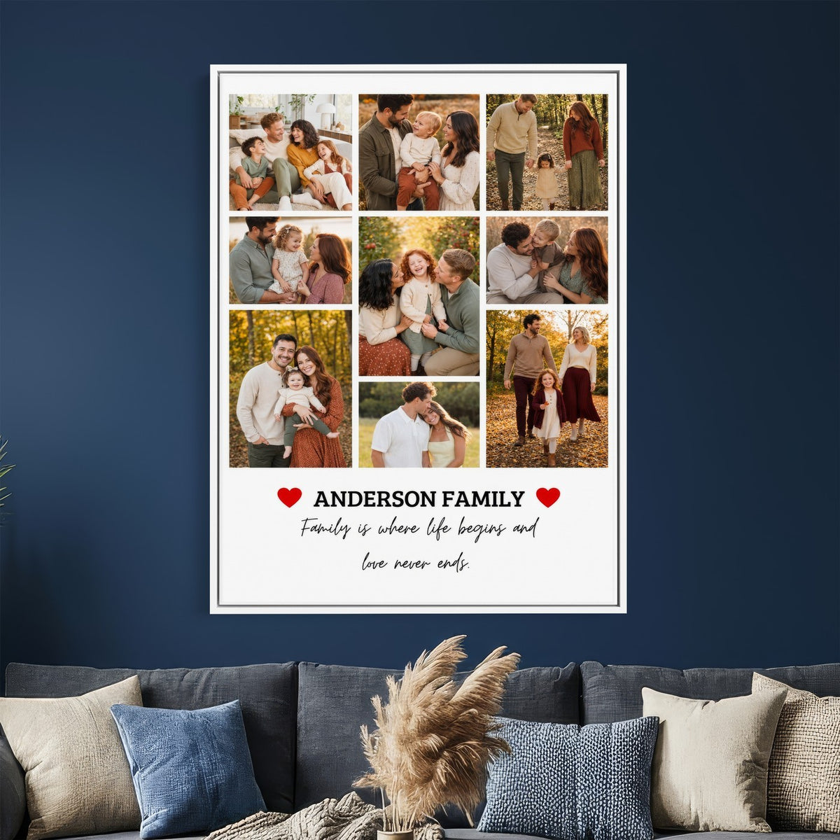 Personalized photo collage with red hearts, print option