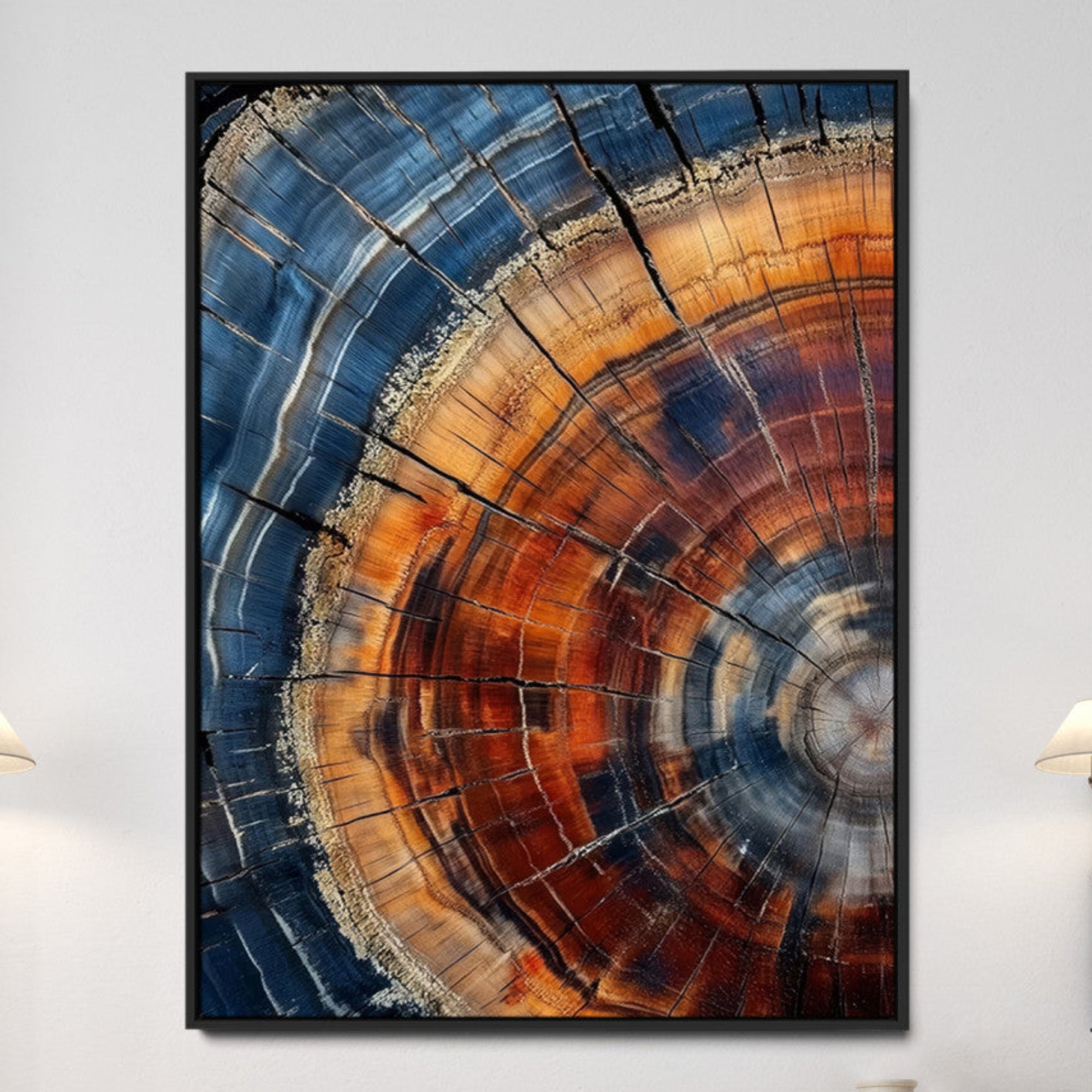 38379387-MGV-CV-36X24-Tree Rings Wall Art Canvas Print – Blue Wood Grain Rustic Texture Natural Earthy Nature Artwork for Home Office