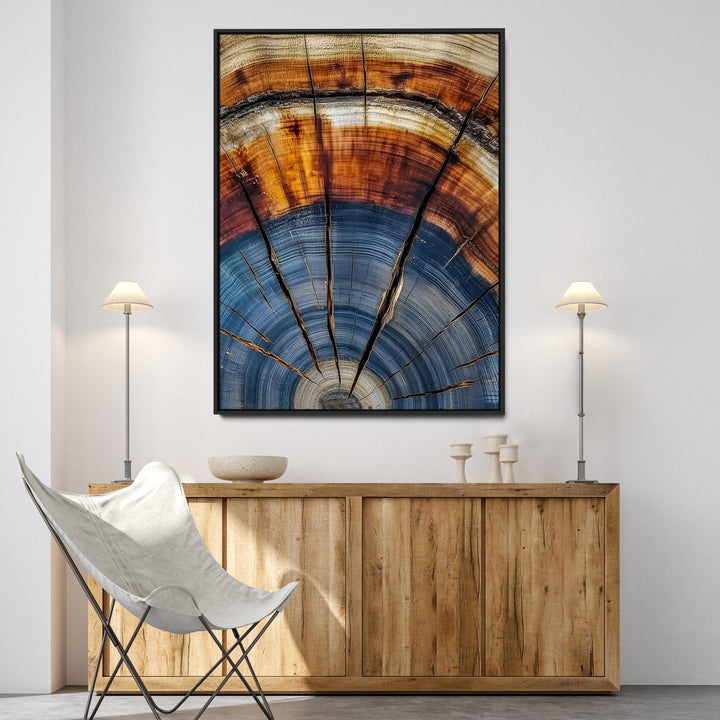 Tree Rings Wall Art Canvas Print, Framed Wood Texture Art Picture Print, Blue Grain Perfect Rustic Modern Decor Artwork