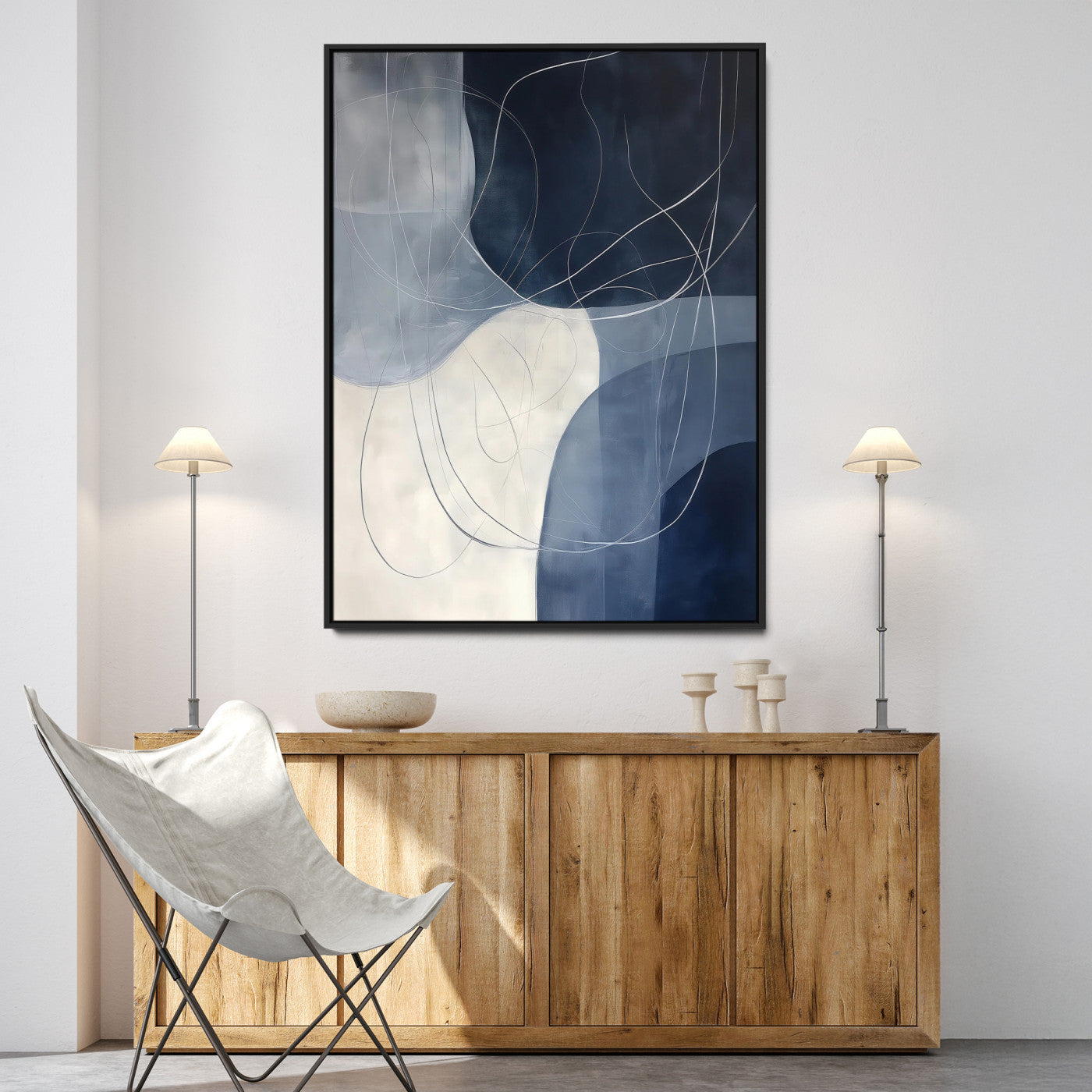 Navy Abstract Wall Art Canvas Print, Framed Minimal Lineart Art Picture Print, Abstract Shapes Perfect Minimalist Abstract Decor Artwork