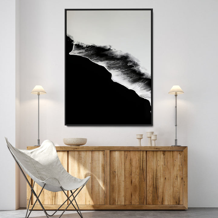Ocean Wave Wall Art Canvas Print, Abstract Wave Print, Framed Monochrome Sea Art Print, Large Ink Wave Form Printing Perfect for Modern