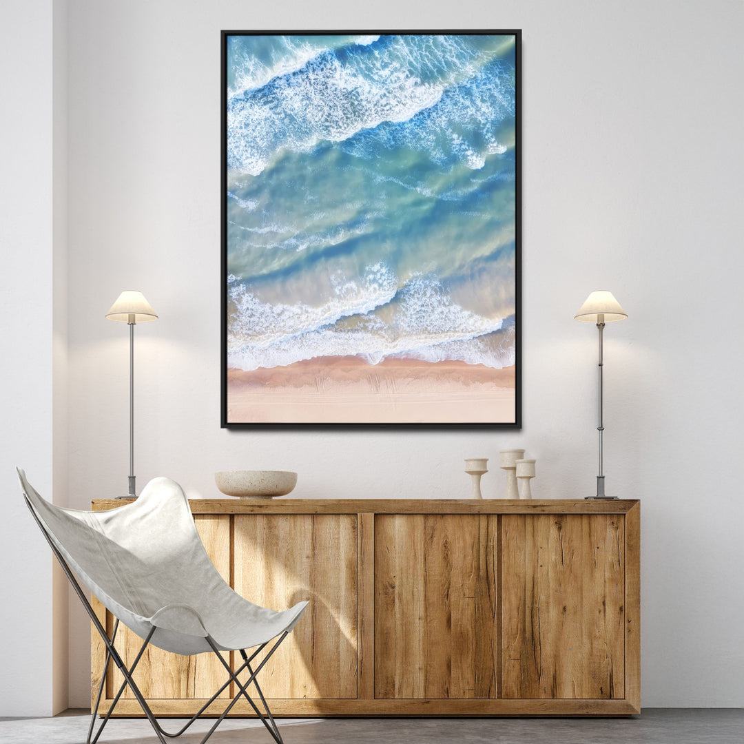 Aerial Ocean Wall Art Canvas Print, Soft Blue Waves Print, Framed Soft Blue Waves Canvas
