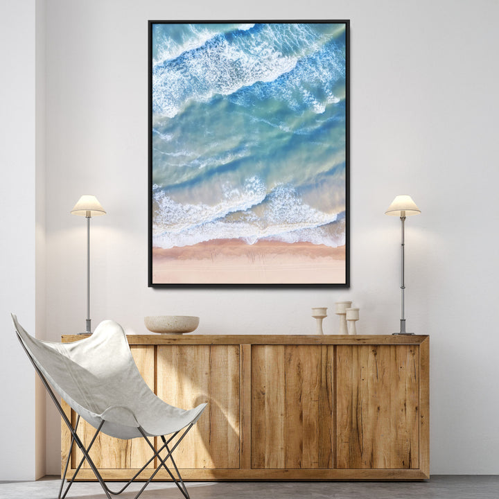 Aerial Ocean Wall Art Canvas Print, Soft Blue Waves Print, Framed Soft Blue Waves Canvas
