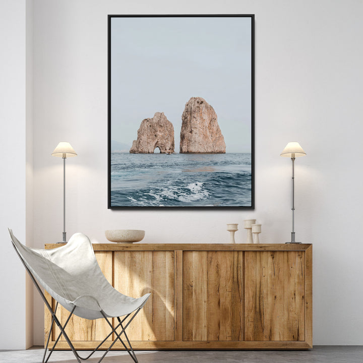 Faraglioni Capri Wall Art Canvas Print, Serene Ocean Print, Framed Mediterranean Coastal Art Print, Large Rocky Ocean Printing