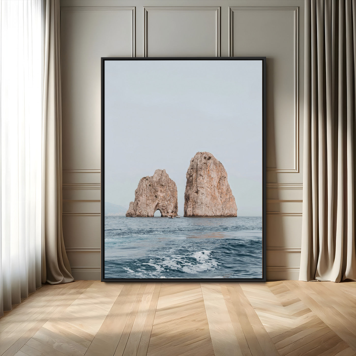 MGV-FC-24X36 - Faraglioni Capri Wall Art Canvas Print, Framed Serene Ocean Art Picture Print, Mediterranean Coastal View Perfect Mediterranean Minimalist Decor Artwork