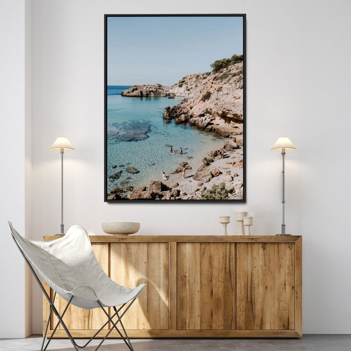 Turquoise Cove Wall Art Canvas Print, Ibiza Beach Print, Framed Mediterranean Shore Art Print, Large Clear Shoreline Printing Boho