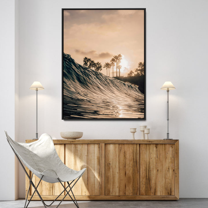 Golden Hour Ocean Wall Art Canvas Print, Tropical Beach Sunset Print, Framed Palm Tree Silhouettes Art Print, Large Warm Coastal