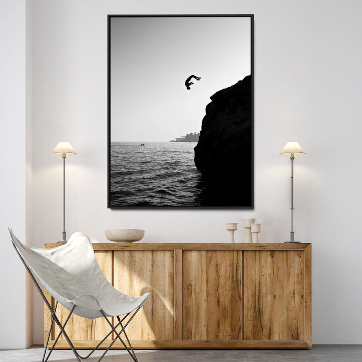 Cliff Jumping Wall Art Canvas Print, Black White Ocean Print, Framed Monochrome Cliff Dive Art Print, Large Coast Dive Printing,