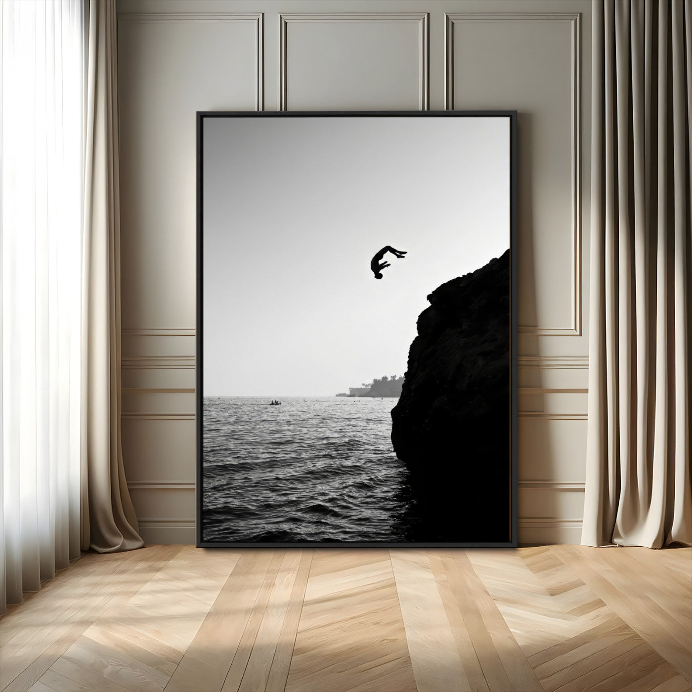 MGV-FC-24X36 - Cliff Jumping Silhouette Wall Art Canvas Print, Framed Black White Ocean Art Picture Print, Monochrome Cliff Dive Perfect Minimalist Adventure Decor Artwork