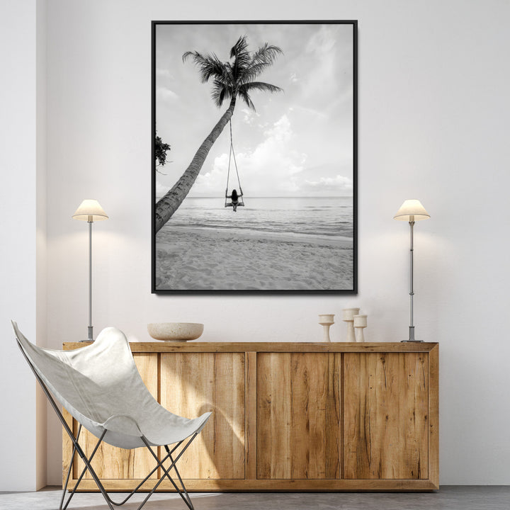 Black White Palm Tree Wall Art Canvas Print, Minimalist Beach Swing Print, Framed Monochrome Coastal Art Print, Large Tropical Ocean
