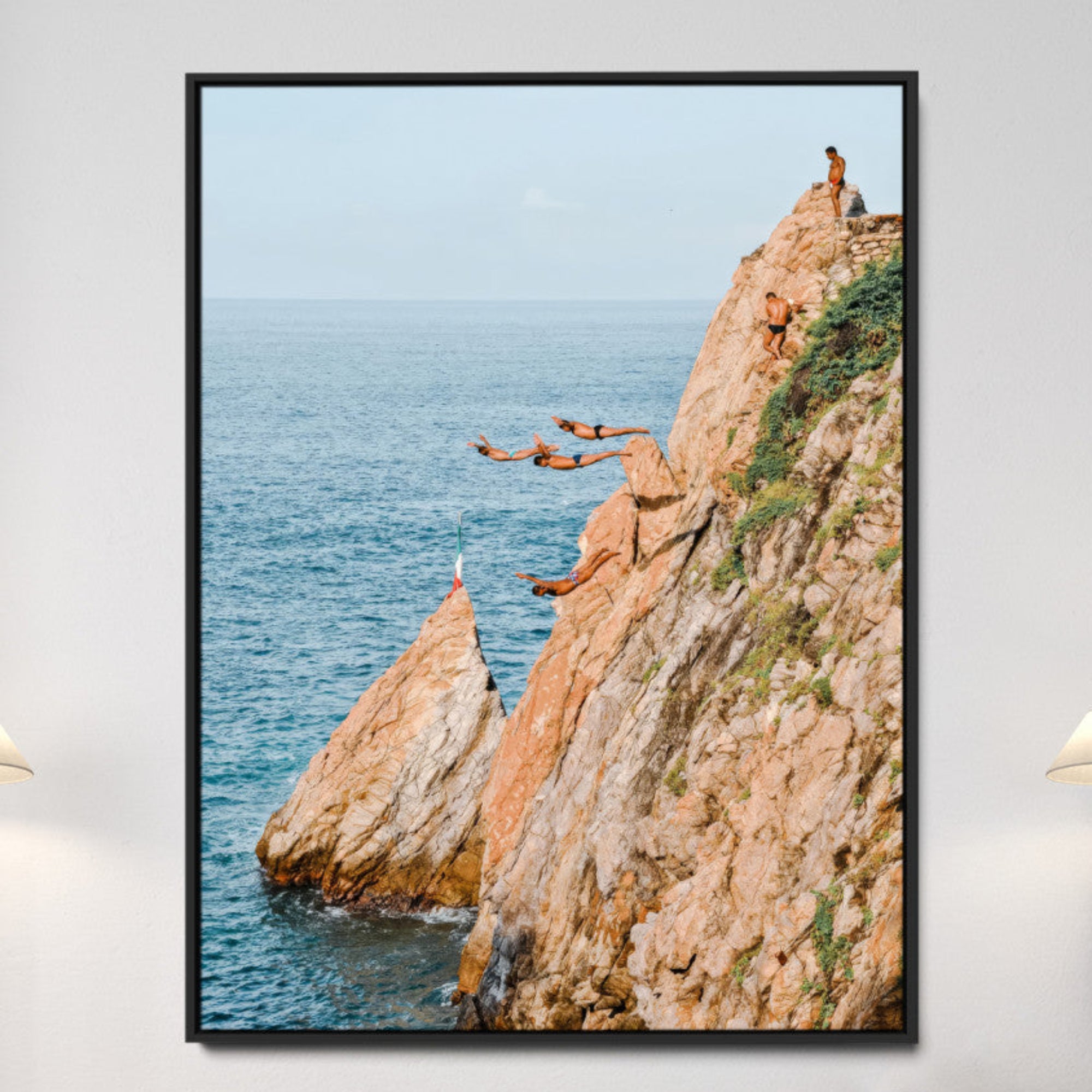 74527880-MGV-CV-36X24-Cliff Divers Wall Art Canvas Print – Oceanfront Cliffs Waves Adventurous Coastal Scene Framed Canvas Artwork