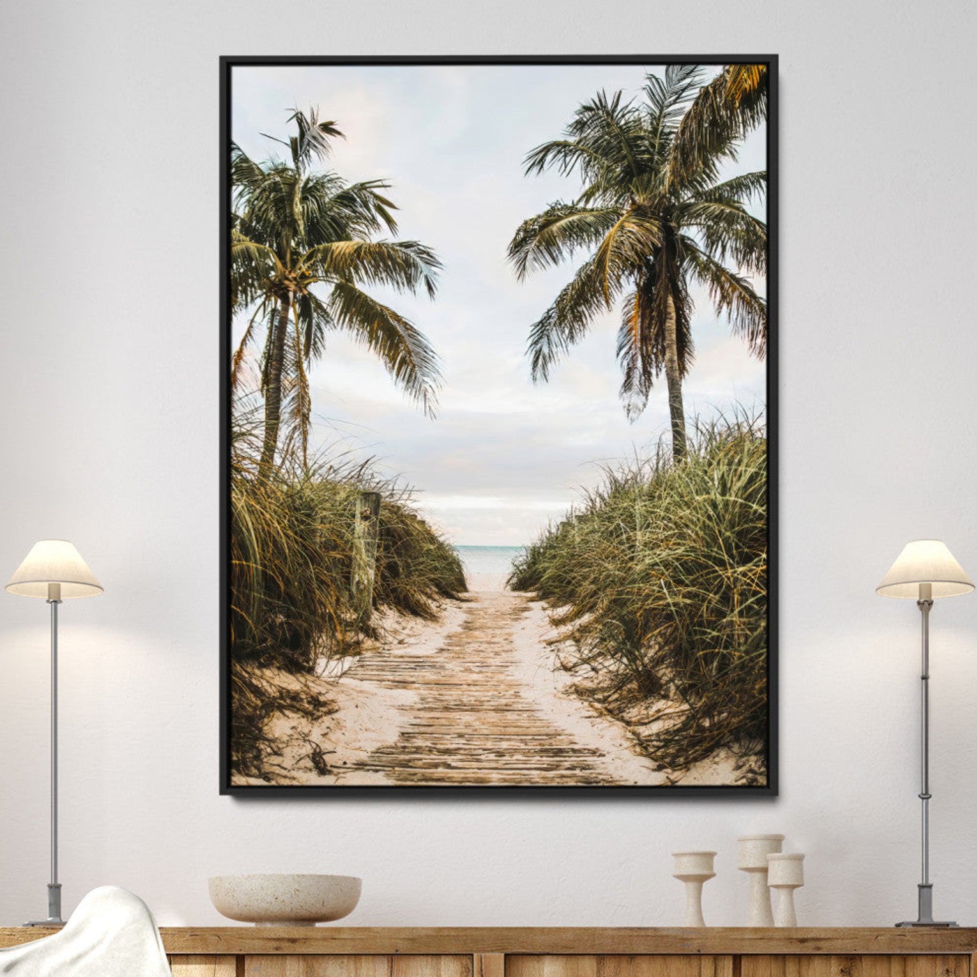 47319550-MGV-CV-36X24-Tropical Beach Wall Art Canvas Print – Framed Coastal Palm Tree Scene with Rustic Sand Ocean Artwork for Home, Office