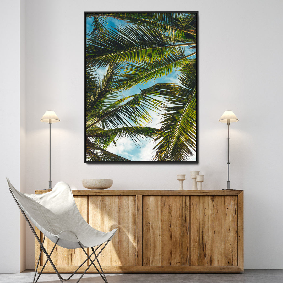 Palm Leaves Wall Art Canvas Print, Framed Tropical Vibes Art Picture Print, Green Foliage Perfect Tropical Boho Decor Artwork
