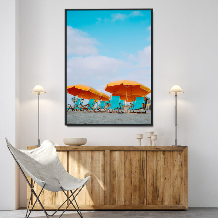 Beach Umbrellas Wall Art Canvas Print, Framed Coastal Vibes Art Picture Print, Tropical Paradise Perfect Coastal Boho Decor Artwork