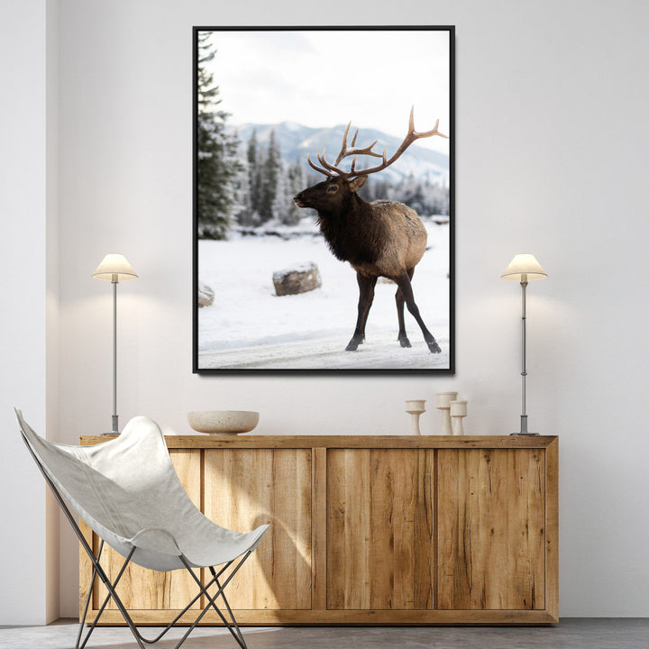 Elk Photography Wall Art Canvas Print, Framed Winter Wildlife Art Picture Print, Snowy Mountains Perfect Rustic Cabin Decor Decor Artwork