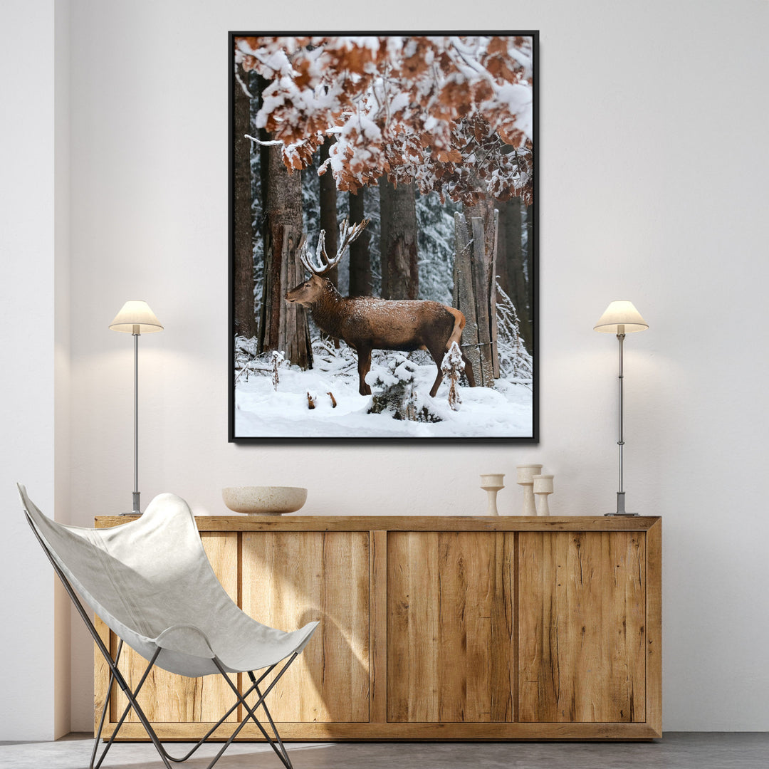 Serene Landscape Wall Art Canvas Print, Framed Winter Wonderland Art Picture Print, Winter Deer Canvas Perfect Rustic Cabin Decor Artwork