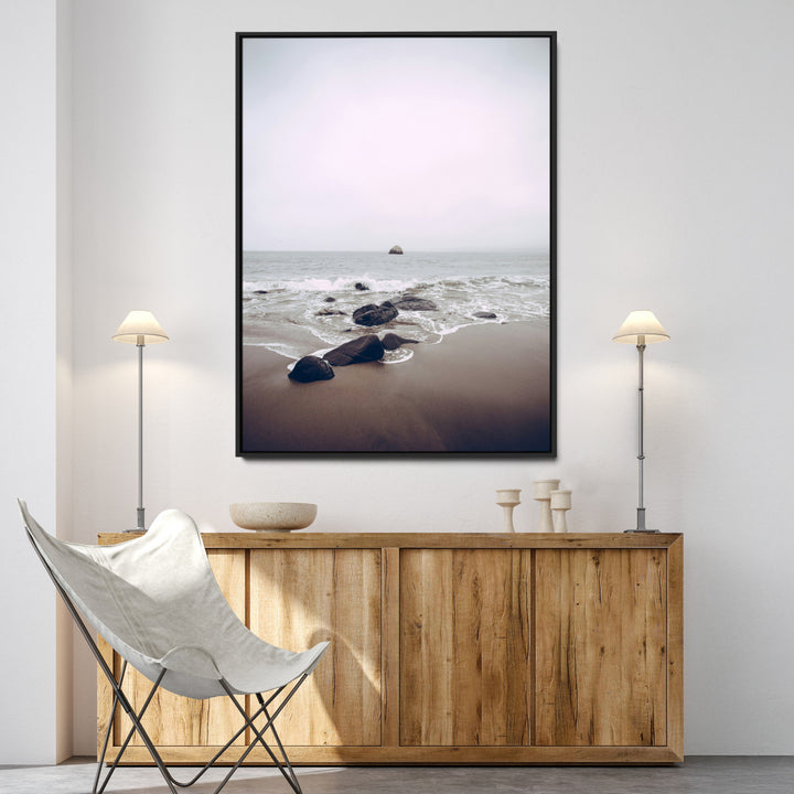 Moody Seascape Wall Art Canvas Print, Framed Neutral Beach Art Picture Print, Foggy Ocean Perfect Minimalist Decor Artwork