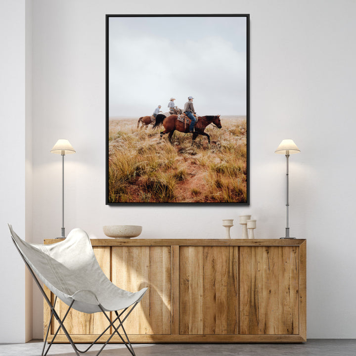 Golden Grassland Wall Art Canvas Print, Framed Western Frontier Mood Art Picture Print, Open Range Riders Perfect Rustic Western Decor